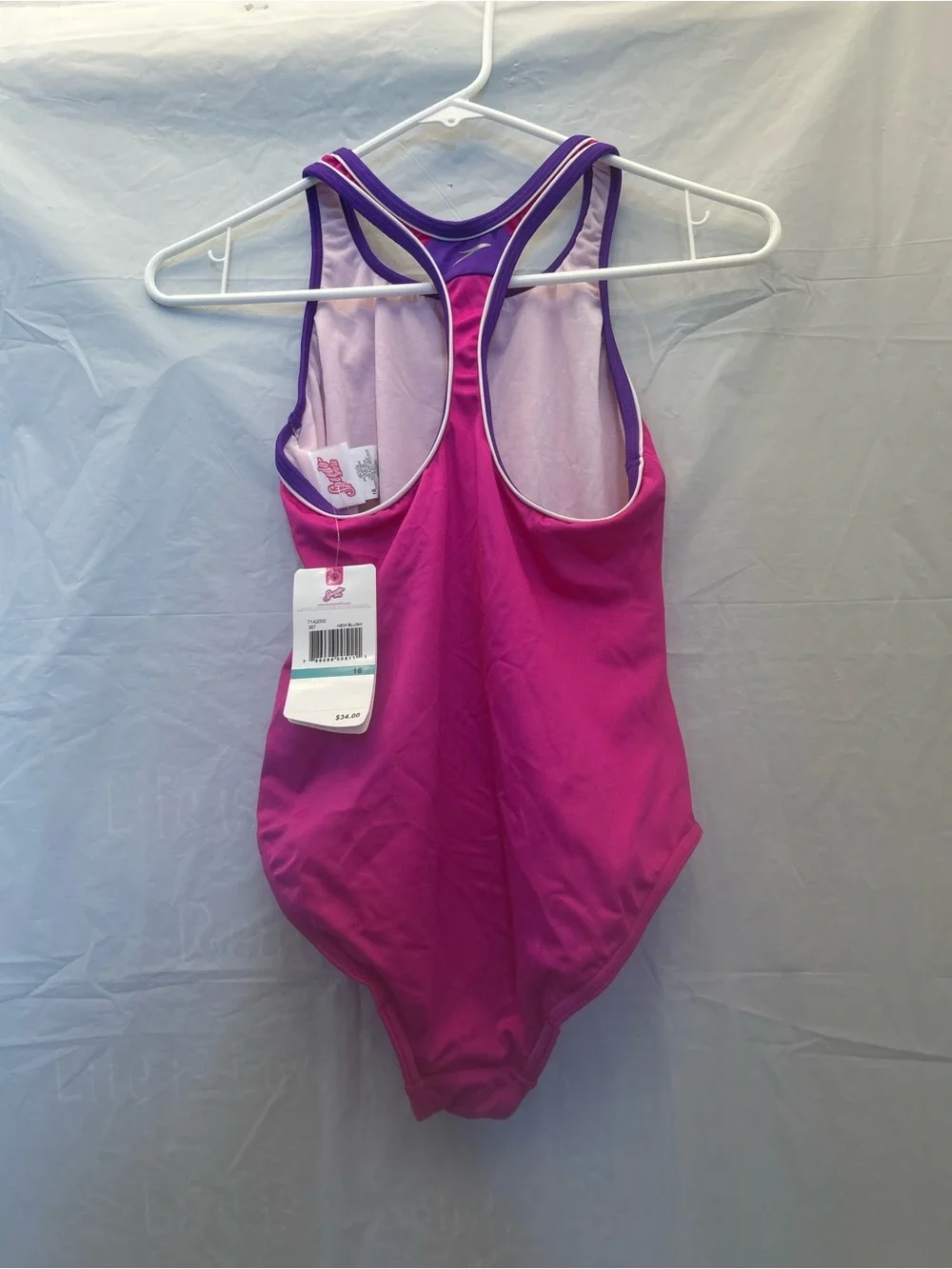 Speedo Girls' New Blush Bright Pink  One-Piece Swimsuit with Purple Trim Sz 16